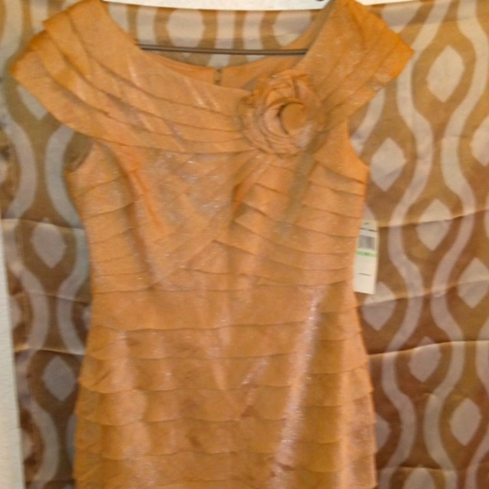 Dress Beautiful Multi Tiered Champagne Colored Dress with a Rose Adorning Front